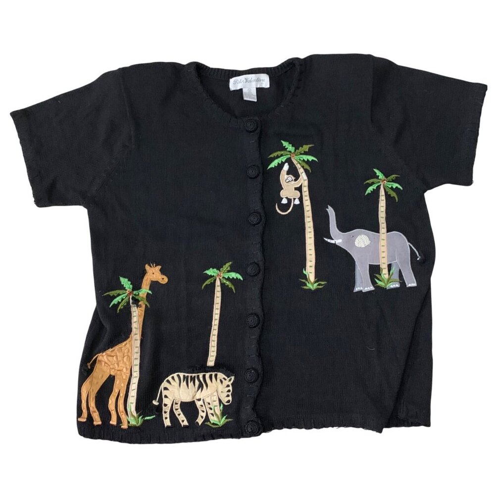 Peter Valentine Black Embellished Jungle Safari Animal S/S Cardigan Womens 1X